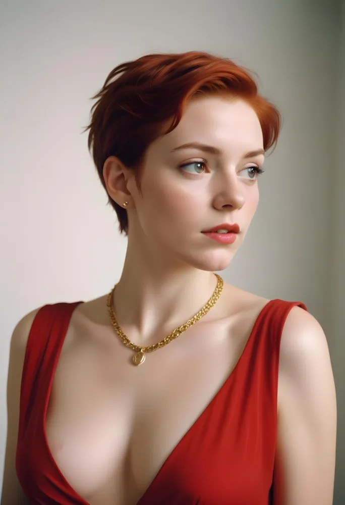 A White Woman 25 Years Old With Short Red Hair Wearing A Red Dress And A Golden Necklace Looking To The Right In A Studio 14 8d7a