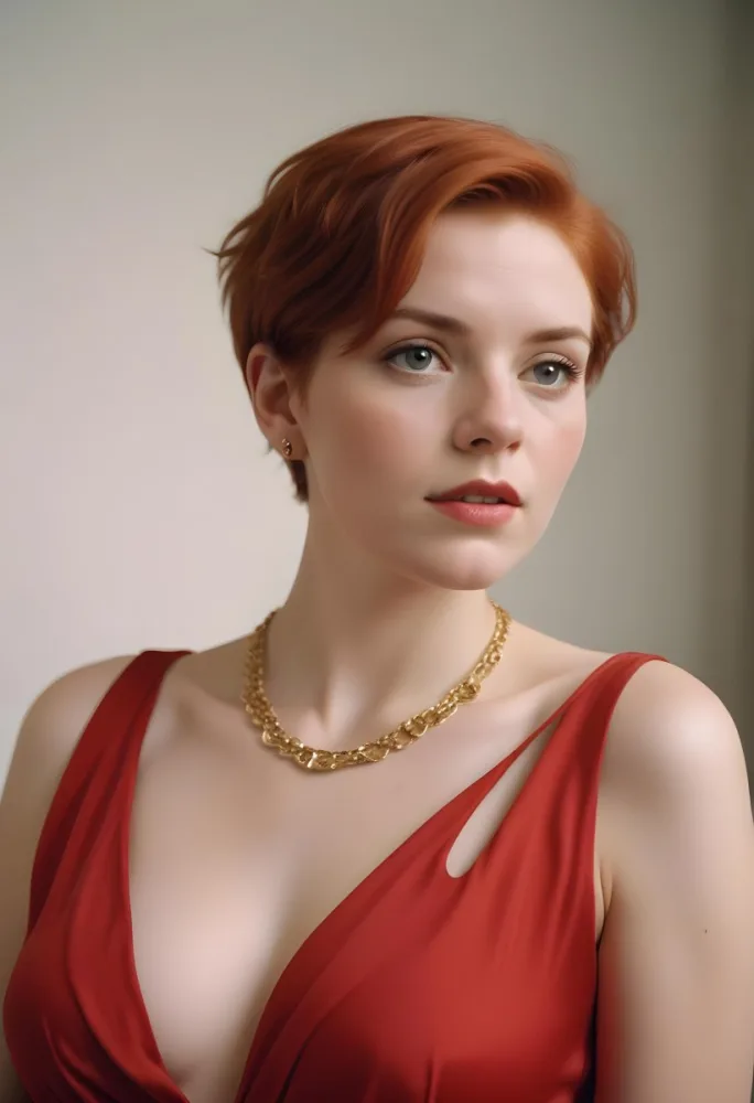 A White Woman 25 Years Old With Short Red Hair Wearing A Red Dress And A Golden Necklace Looking To The Right In A Studio 16 149e