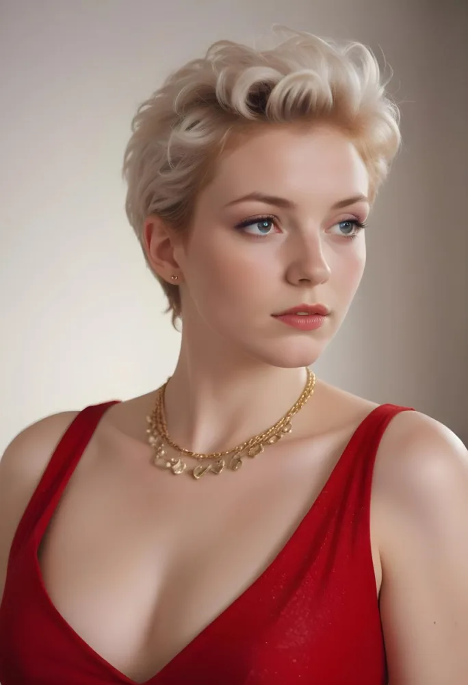 A White Woman 25 Years Old With Short Red Hair Wearing A Red Dress And A Golden Necklace Looking To The Right In A Studio 17 67c2