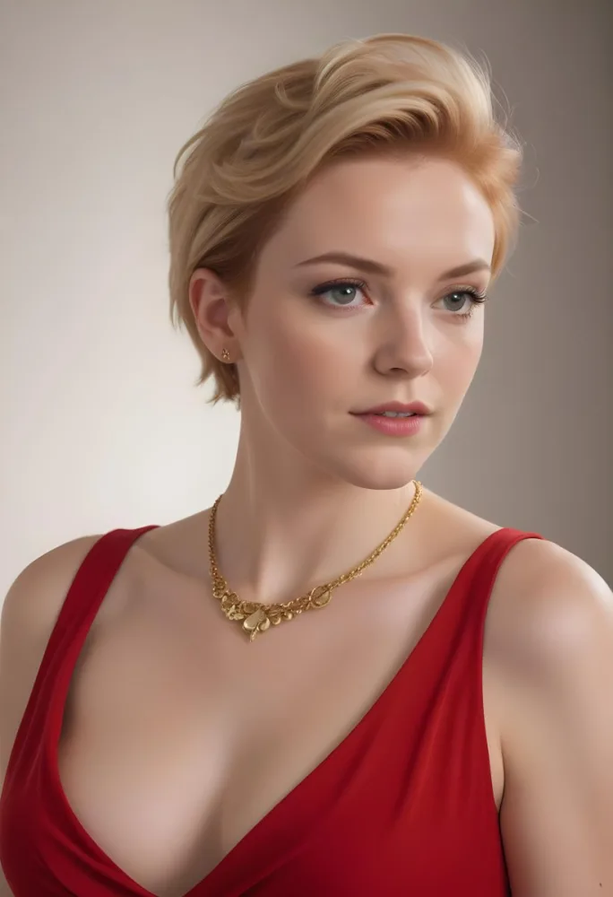 A White Woman 25 Years Old With Short Red Hair Wearing A Red Dress And A Golden Necklace Looking To The Right In A Studio 21 01fe