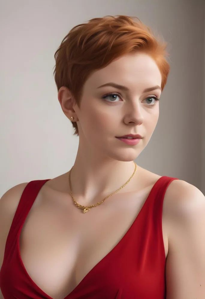 A White Woman 25 Years Old With Short Red Hair Wearing A Red Dress And A Golden Necklace Looking To The Right In A Studio 23 3163