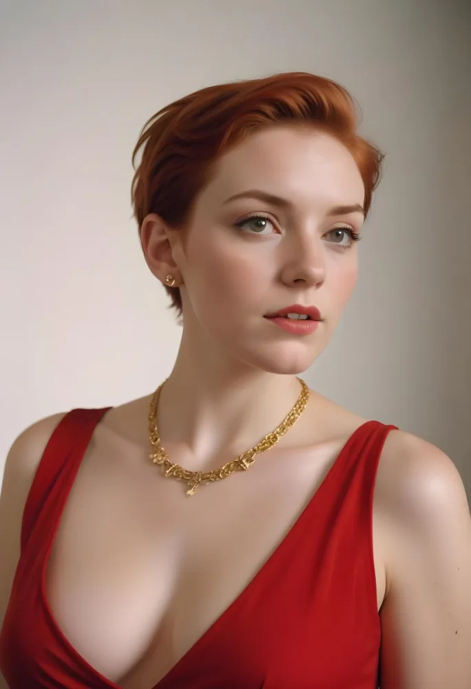 A White Woman 25 Years Old With Short Red Hair Wearing A Red Dress And A Golden Necklace Looking To The Right In A Studio 3 1e96