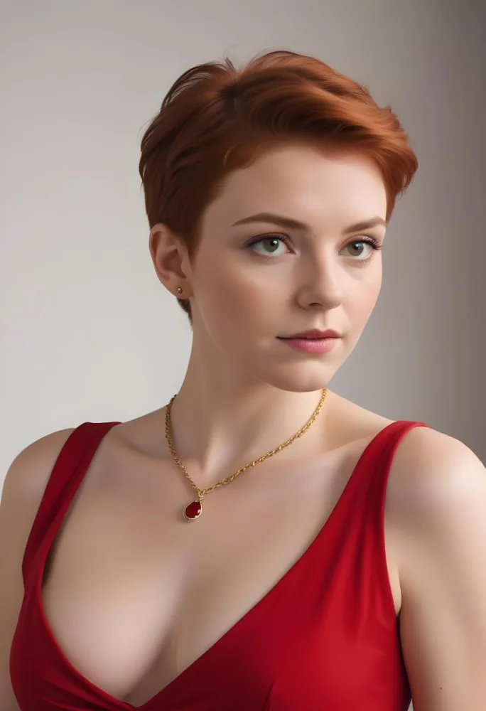 A White Woman 25 Years Old With Short Red Hair Wearing A Red Dress And A Golden Necklace Looking To The Right In A Studio 36 D762