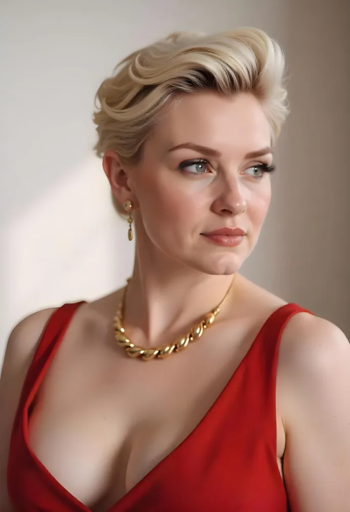 A White Woman 25 Years Old With Short Red Hair Wearing A Red Dress And A Golden Necklace Looking To The Right In A Studio 37 5b45