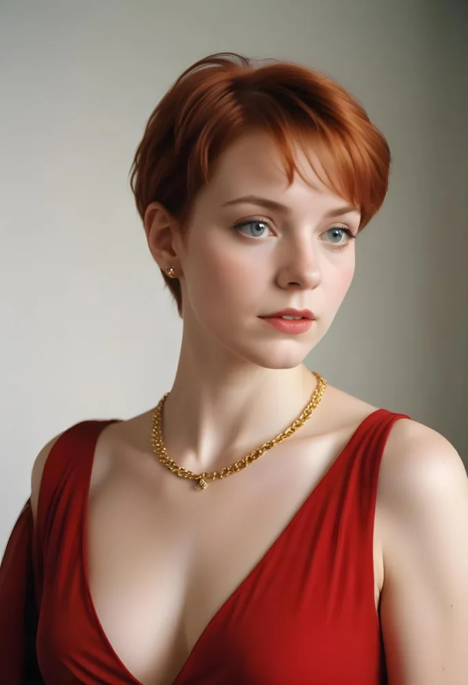 A White Woman 25 Years Old With Short Red Hair Wearing A Red Dress And A Golden Necklace Looking To The Right In A Studio 4 C4b6