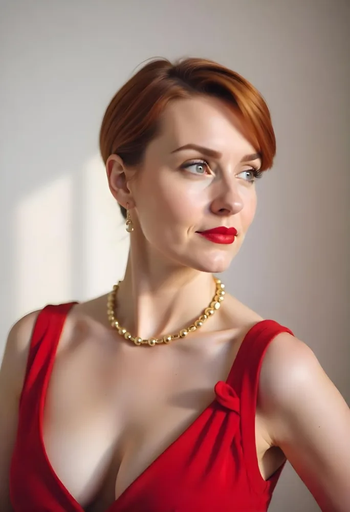 A White Woman 25 Years Old With Short Red Hair Wearing A Red Dress And A Golden Necklace Looking To The Right In A Studio 45 E471