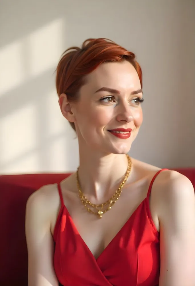 A White Woman 25 Years Old With Short Red Hair Wearing A Red Dress And A Golden Necklace Looking To The Right In A Studio 50 597b