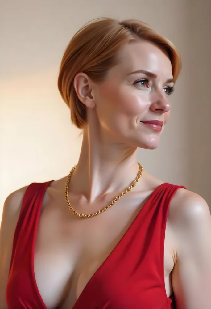 A White Woman 25 Years Old With Short Red Hair Wearing A Red Dress And A Golden Necklace Looking To The Right In A Studio 53 0c52