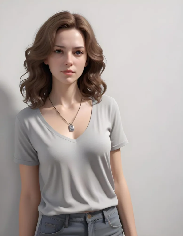 A White Woman 25 Years Old With Wavy Brown Hair Wearing A Gray Shirt And A Necklace In Front Of A White Wall 22 8ba9