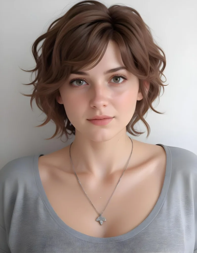 A White Woman 25 Years Old With Wavy Brown Hair Wearing A Gray Shirt And A Necklace In Front Of A White Wall 25 1a70