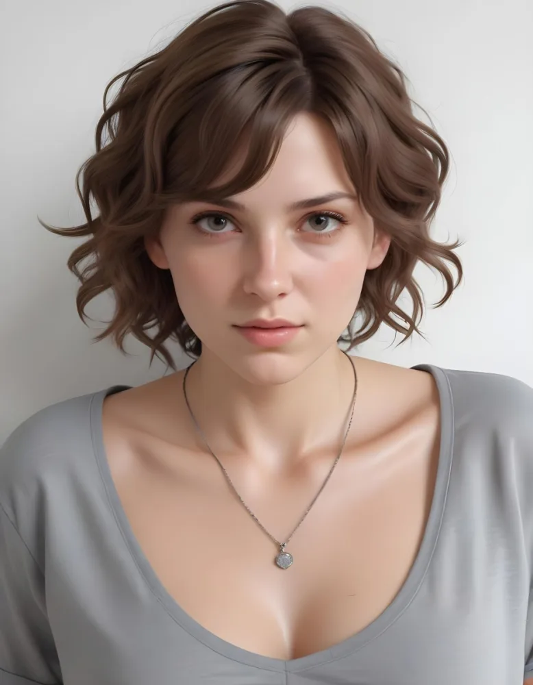 A White Woman 25 Years Old With Wavy Brown Hair Wearing A Gray Shirt And A Necklace In Front Of A White Wall 29 8279