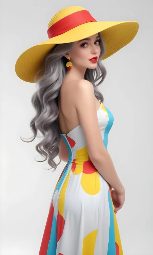 A White Woman 26 Years Old Long Wavy Gray Hair Wearing A Colorful Dress And A Yellow Hat Earrings Red Lips Studio Shot White Background 34 F87b