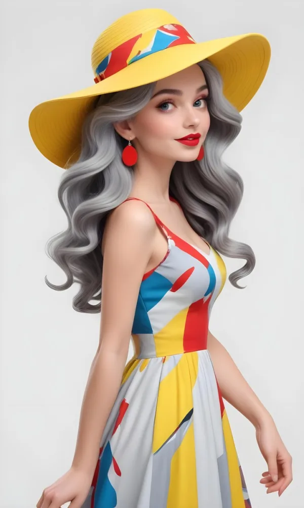 A White Woman 26 Years Old Long Wavy Gray Hair Wearing A Colorful Dress And A Yellow Hat Earrings Red Lips Studio Shot White Background 4 0362