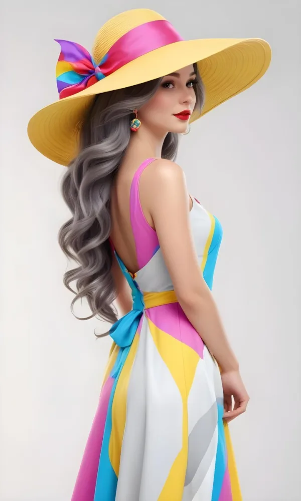 A White Woman 26 Years Old Long Wavy Gray Hair Wearing A Colorful Dress And A Yellow Hat Earrings Red Lips Studio Shot White Background 40 C655