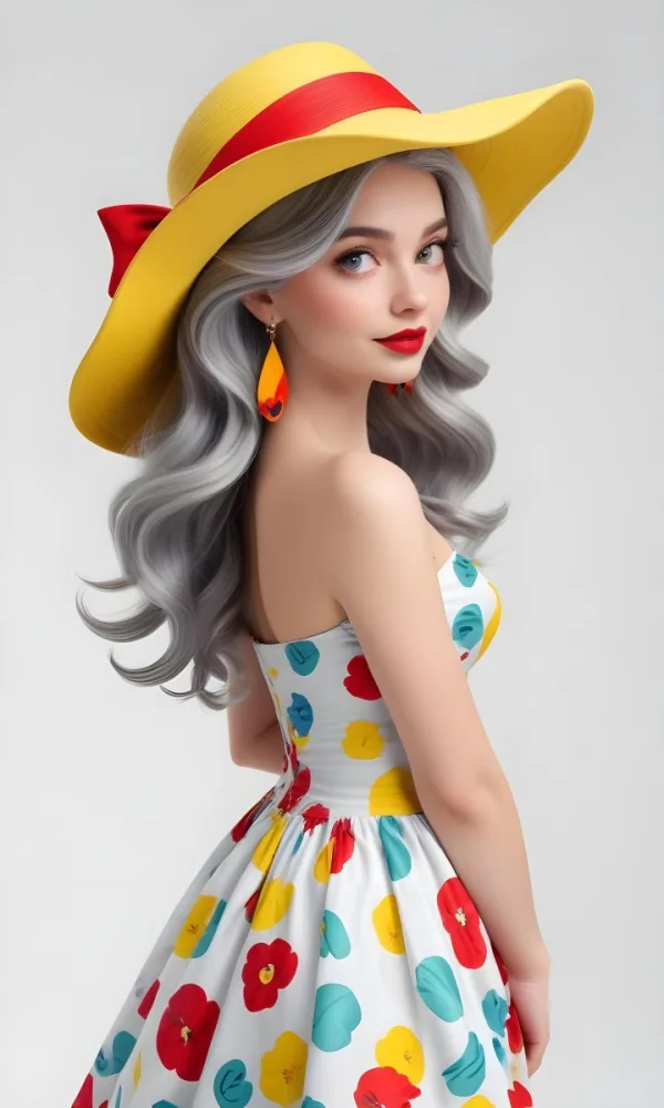 A White Woman 26 Years Old Long Wavy Gray Hair Wearing A Colorful Dress And A Yellow Hat Earrings Red Lips Studio Shot White Background 5 0322