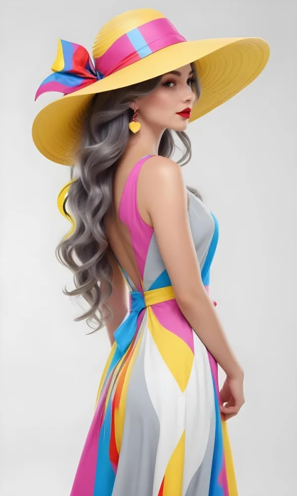 A White Woman 26 Years Old Long Wavy Gray Hair Wearing A Colorful Dress And A Yellow Hat Earrings Red Lips Studio Shot White Background 56 Ac8d