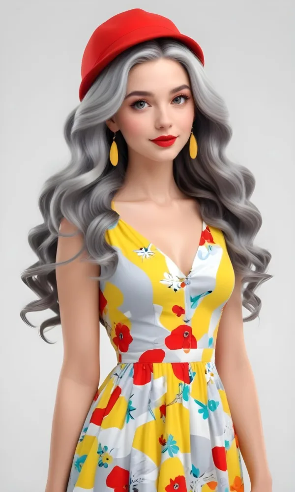 A White Woman 26 Years Old Long Wavy Gray Hair Wearing A Colorful Dress And A Yellow Hat Earrings Red Lips Studio Shot White Background 9 B690