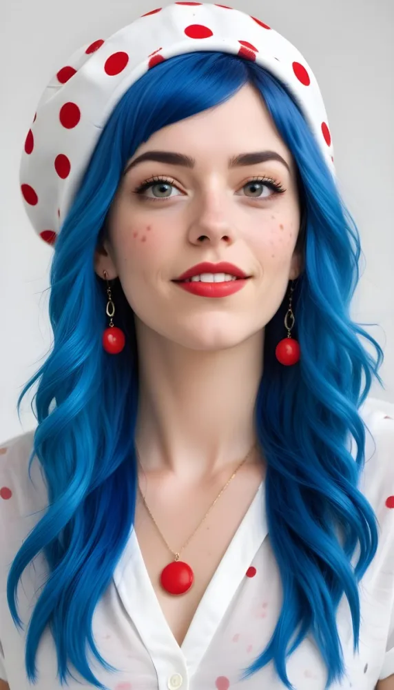 A White Woman 27 Years Old With Blue Hair Wearing A Blue Hat With Red Dots And Matching Earrings In A White Background 13 4b9c