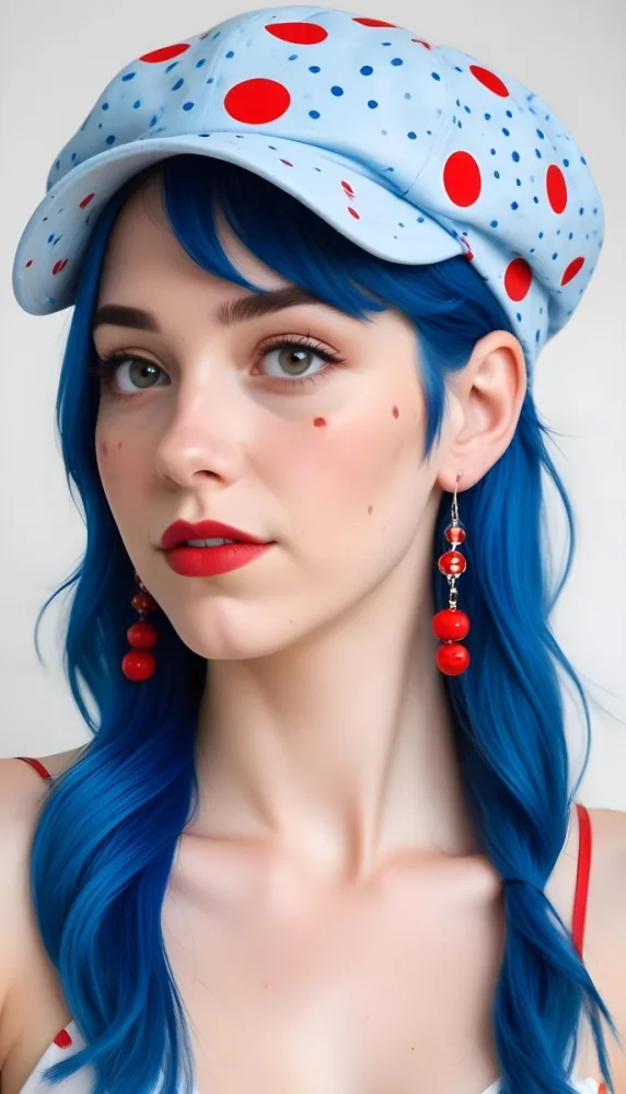 A White Woman 27 Years Old With Blue Hair Wearing A Blue Hat With Red Dots And Matching Earrings In A White Background 25 84c0