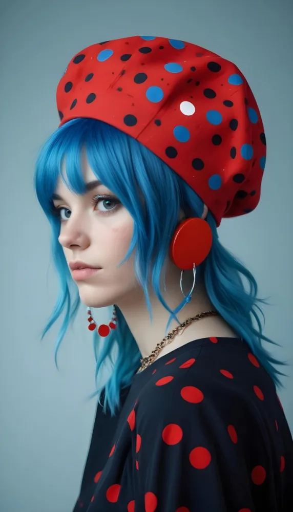 A White Woman 27 Years Old With Blue Hair Wearing A Blue Hat With Red Dots And Matching Earrings In A White Background 26 87bd