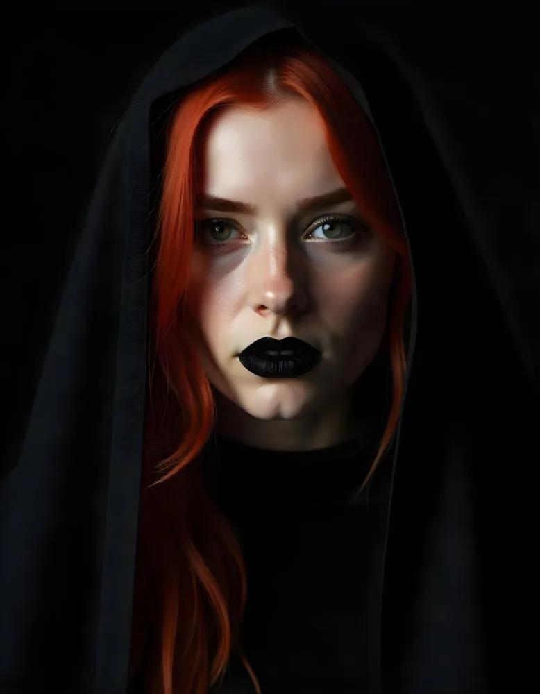 A White Woman 27 Years Old With Red Hair And Black Lips Wearing A Black Veil In A Dark Background 1 Bf5e