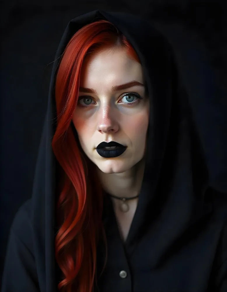 A White Woman 27 Years Old With Red Hair And Black Lips Wearing A Black Veil In A Dark Background 14 17b6