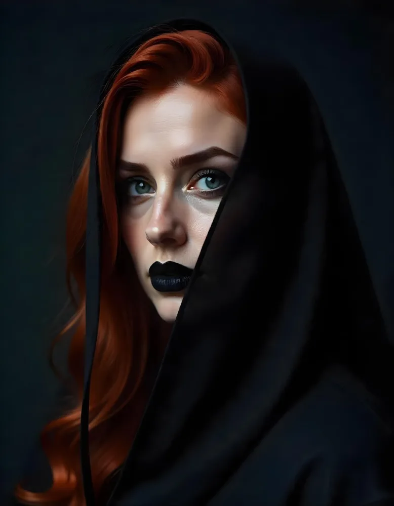 A White Woman 27 Years Old With Red Hair And Black Lips Wearing A Black Veil In A Dark Background 16 9745