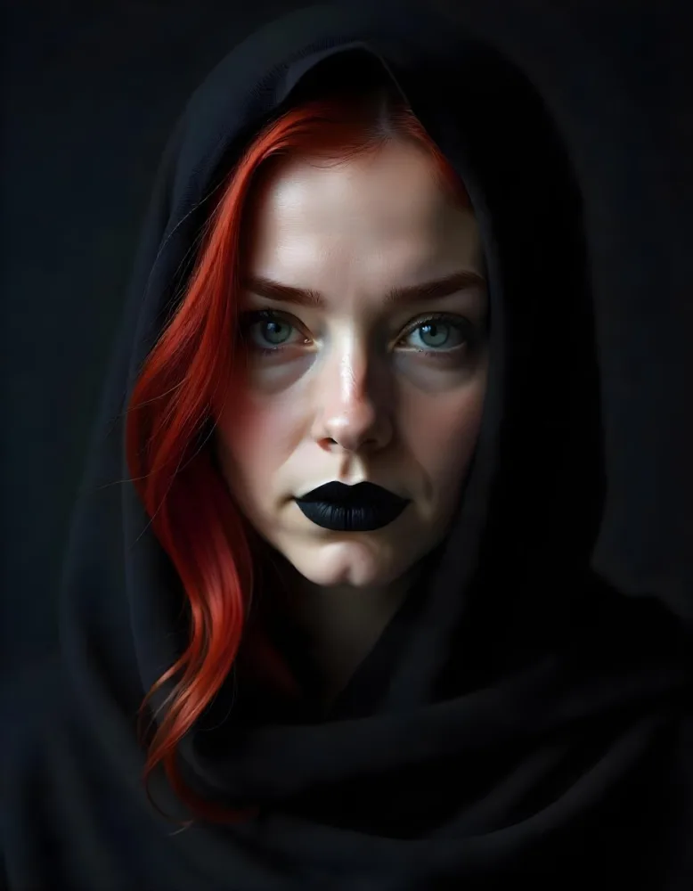 A White Woman 27 Years Old With Red Hair And Black Lips Wearing A Black Veil In A Dark Background 27 5308