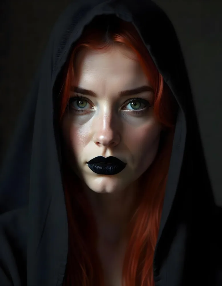 A White Woman 27 Years Old With Red Hair And Black Lips Wearing A Black Veil In A Dark Background 8 B6ba
