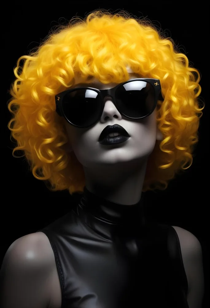 A White Woman 27 Years Old With Yellow Curly Hair And White Sunglasses Black Lipstick Wearing A Black Leather Dress In A Black Background 10 3a91