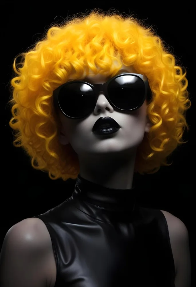 A White Woman 27 Years Old With Yellow Curly Hair And White Sunglasses Black Lipstick Wearing A Black Leather Dress In A Black Background 17 Eebe