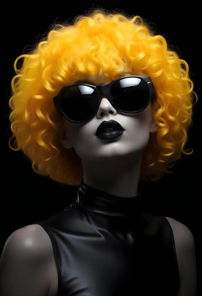 A White Woman 27 Years Old With Yellow Curly Hair And White Sunglasses Black Lipstick Wearing A Black Leather Dress In A Black Background 20 Bf89