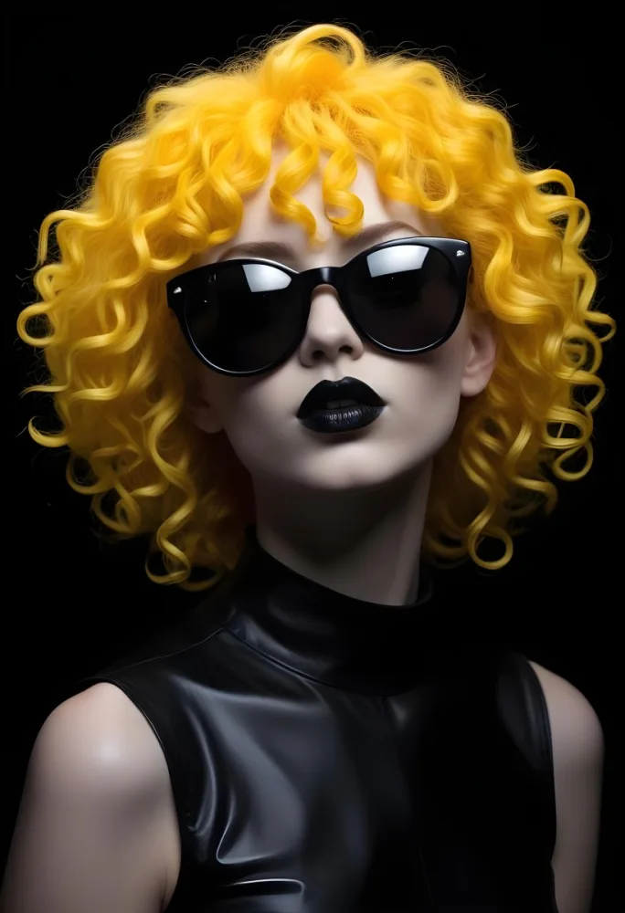 A White Woman 27 Years Old With Yellow Curly Hair And White Sunglasses Black Lipstick Wearing A Black Leather Dress In A Black Background 26 011f