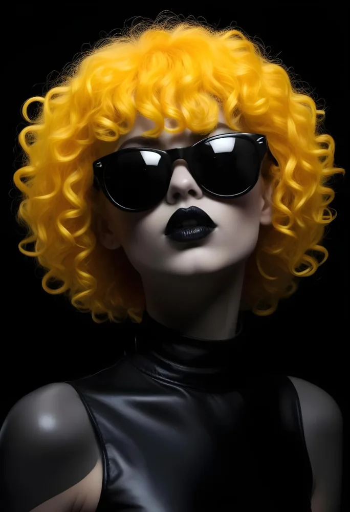 A White Woman 27 Years Old With Yellow Curly Hair And White Sunglasses Black Lipstick Wearing A Black Leather Dress In A Black Background 29 39db