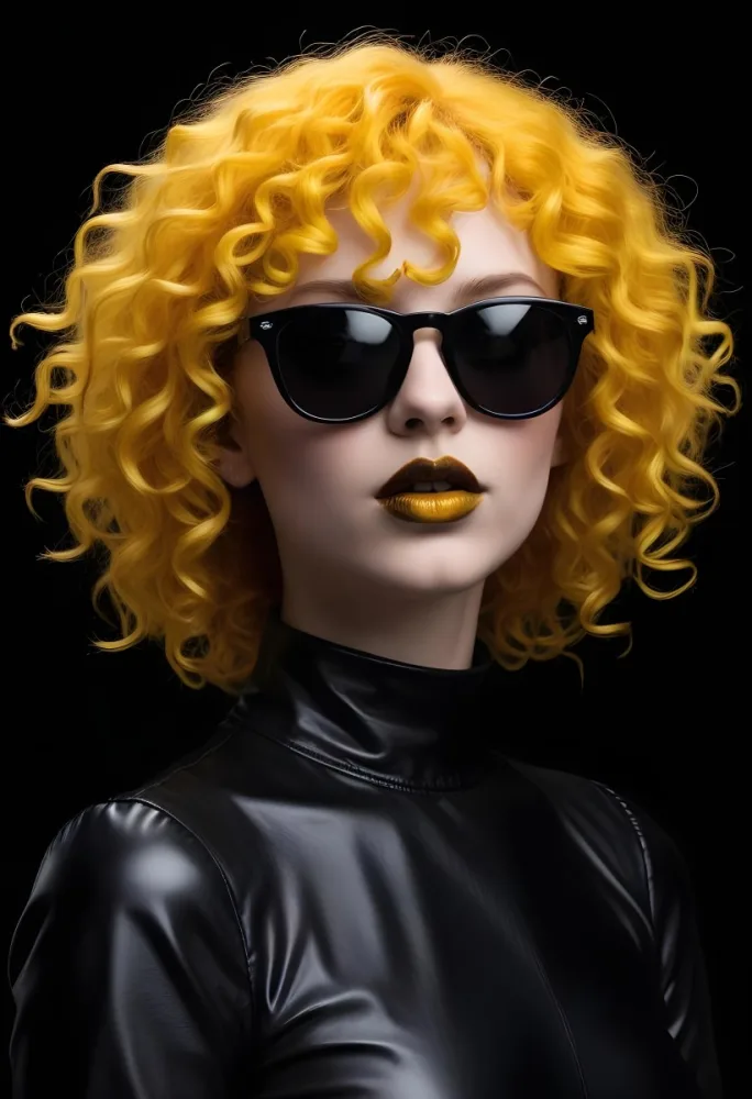 A White Woman 27 Years Old With Yellow Curly Hair And White Sunglasses Black Lipstick Wearing A Black Leather Dress In A Black Background 30 8c5b