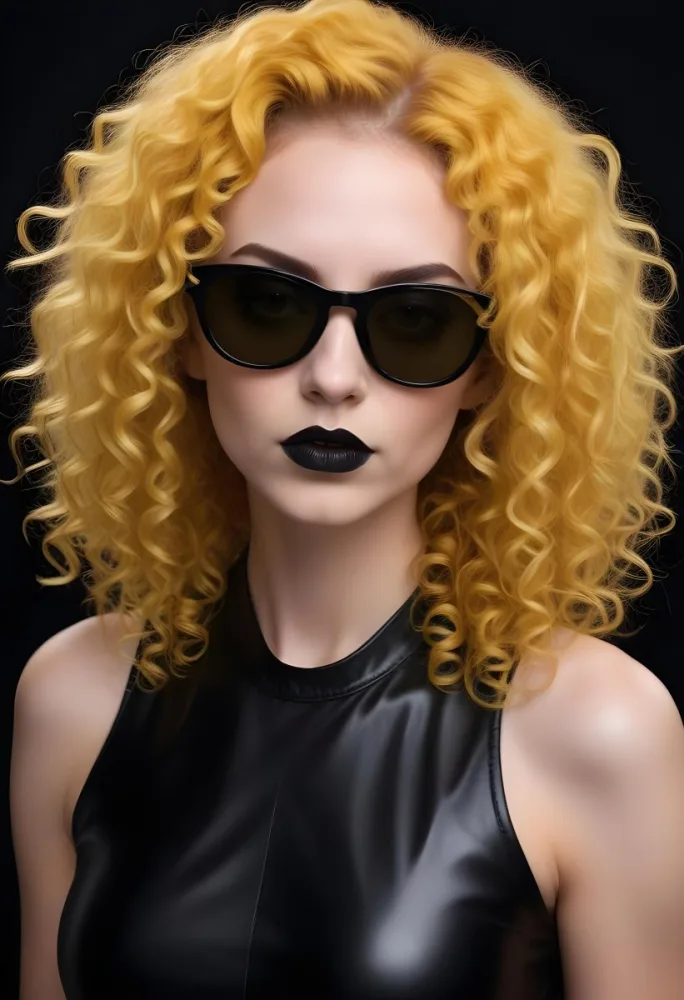 A White Woman 27 Years Old With Yellow Curly Hair And White Sunglasses Black Lipstick Wearing A Black Leather Dress In A Black Background 32 1806