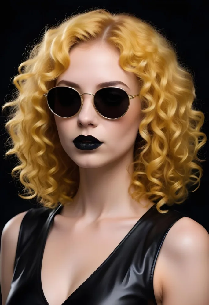 A White Woman 27 Years Old With Yellow Curly Hair And White Sunglasses Black Lipstick Wearing A Black Leather Dress In A Black Background 34 779c