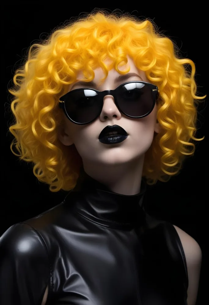 A White Woman 27 Years Old With Yellow Curly Hair And White Sunglasses Black Lipstick Wearing A Black Leather Dress In A Black Background 37 6111