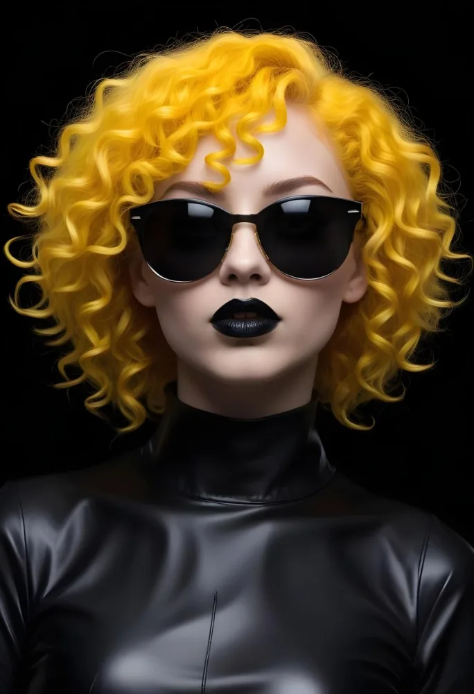 A White Woman 27 Years Old With Yellow Curly Hair And White Sunglasses Black Lipstick Wearing A Black Leather Dress In A Black Background 38 Db02