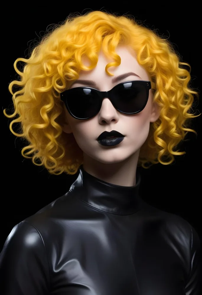 A White Woman 27 Years Old With Yellow Curly Hair And White Sunglasses Black Lipstick Wearing A Black Leather Dress In A Black Background 40 1135