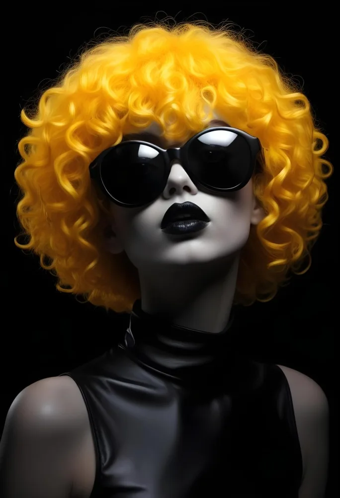 A White Woman 27 Years Old With Yellow Curly Hair And White Sunglasses Black Lipstick Wearing A Black Leather Dress In A Black Background 8 2fd9