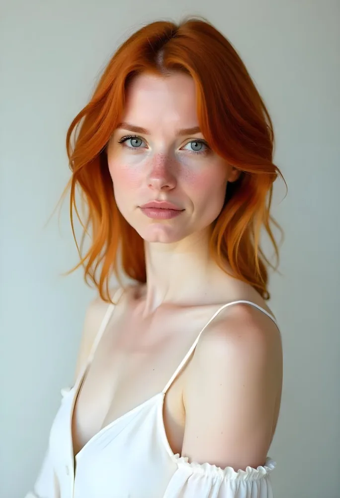 A White Woman 28 Years Old Red Hair Freckles Light Skin Looking At The Camera With A White Dress And A Plain White Background 18 1068