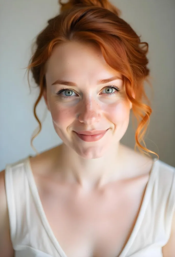 A White Woman 28 Years Old Red Hair Freckles Light Skin Looking At The Camera With A White Dress And A Plain White Background 21 9860