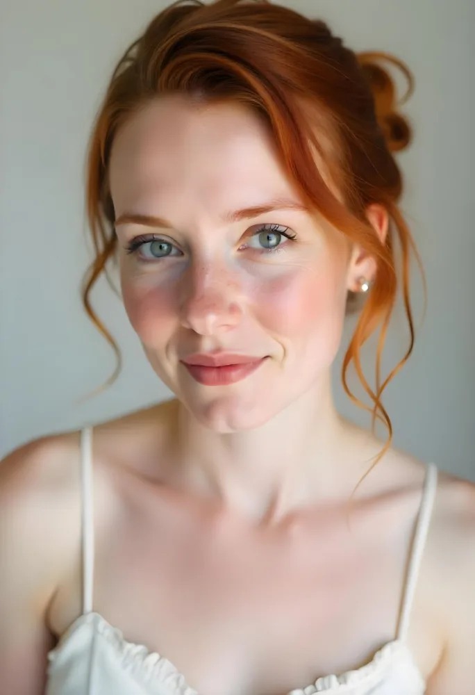 A White Woman 28 Years Old Red Hair Freckles Light Skin Looking At The Camera With A White Dress And A Plain White Background 25 A15f