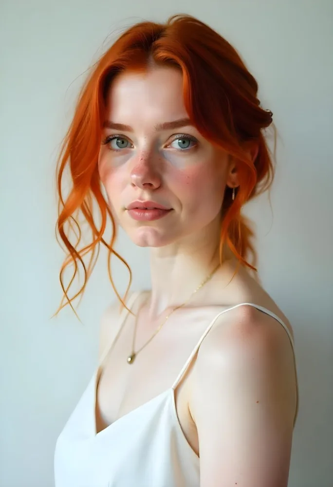 A White Woman 28 Years Old Red Hair Freckles Light Skin Looking At The Camera With A White Dress And A Plain White Background 26 0690