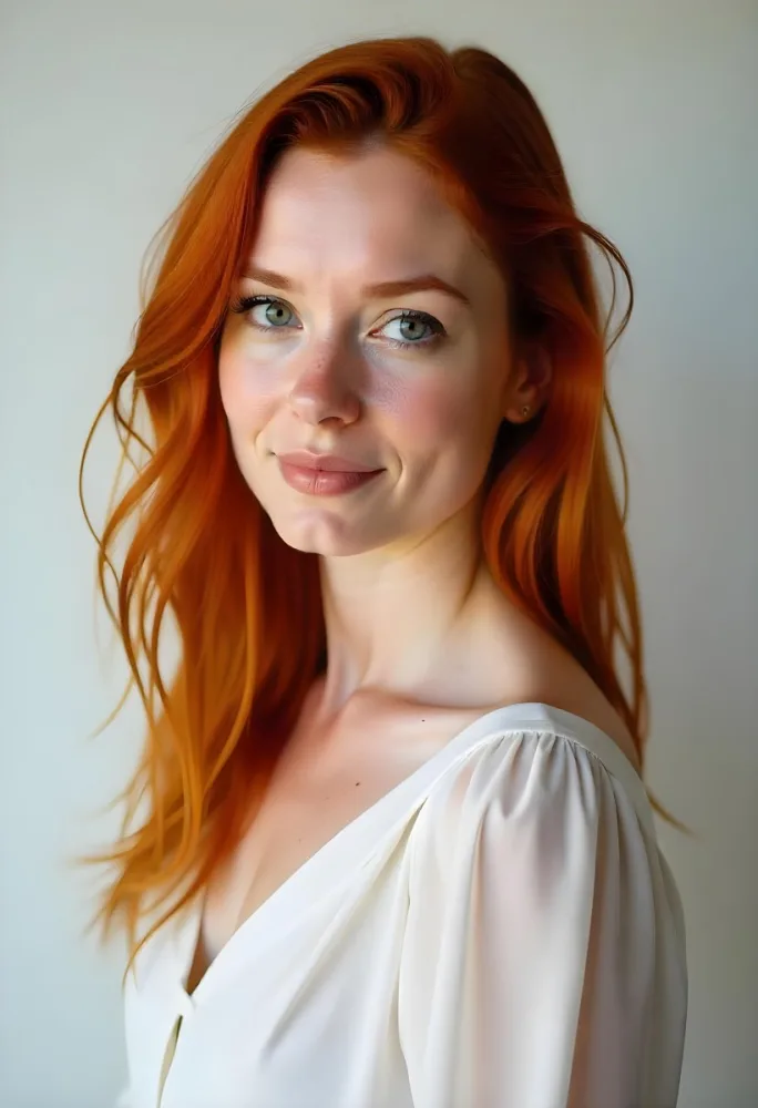A White Woman 28 Years Old Red Hair Freckles Light Skin Looking At The Camera With A White Dress And A Plain White Background 28 Ee27