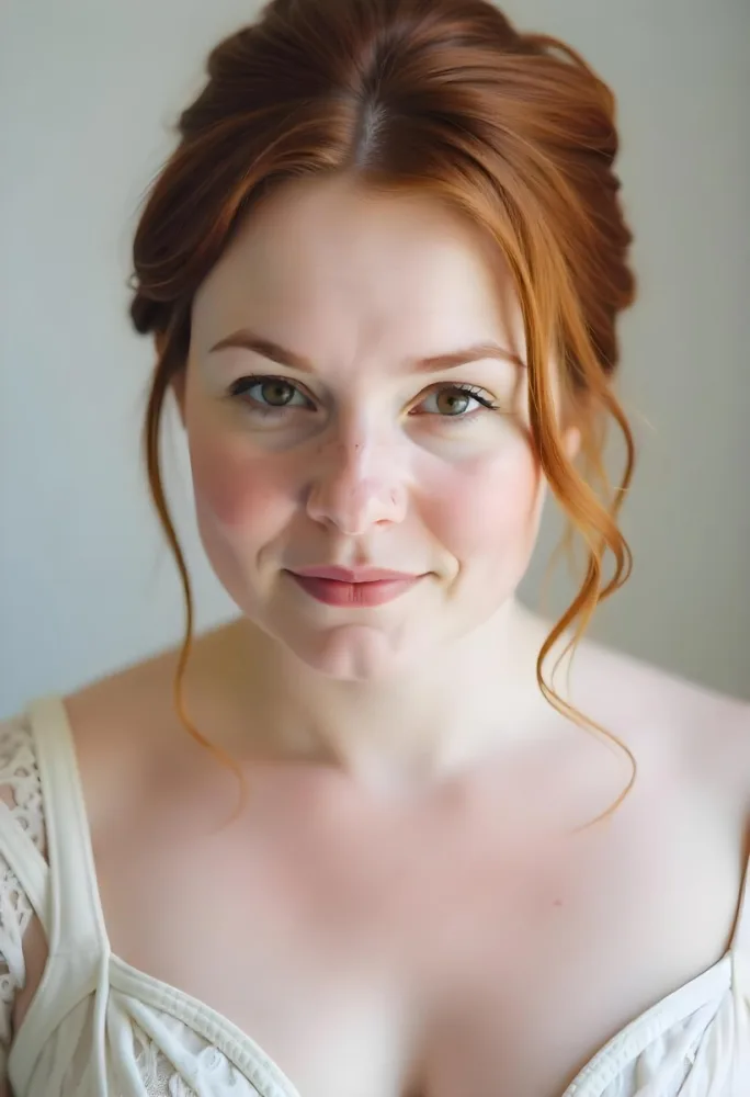 A White Woman 28 Years Old Red Hair Freckles Light Skin Looking At The Camera With A White Dress And A Plain White Background 29 45d1