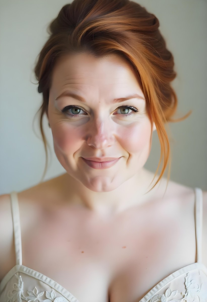 A White Woman 28 Years Old Red Hair Freckles Light Skin Looking At The Camera With A White Dress And A Plain White Background 31 A713
