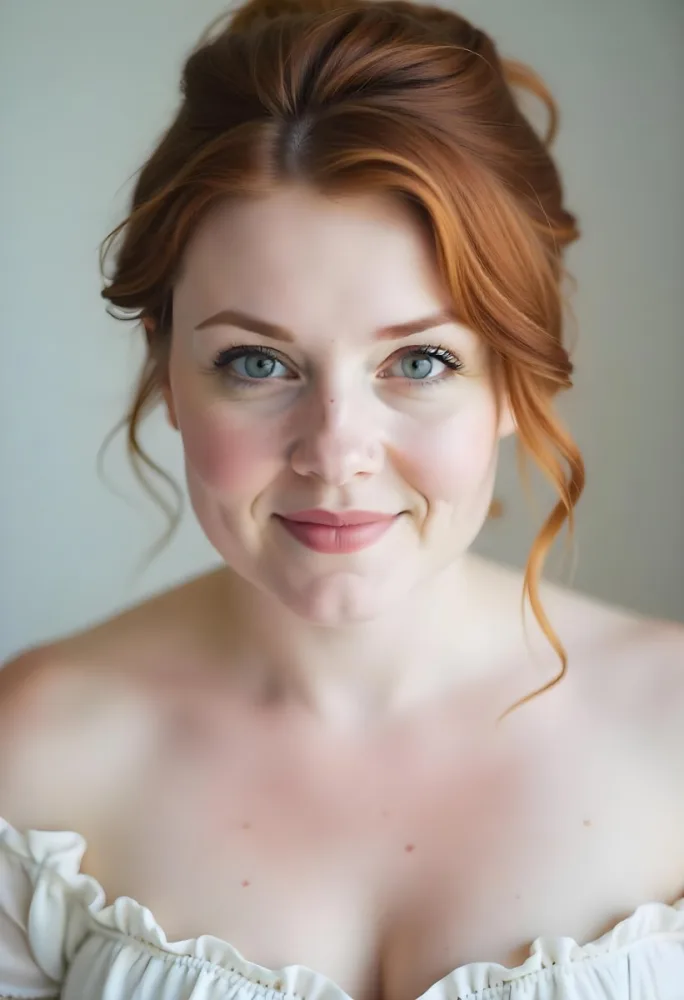 A White Woman 28 Years Old Red Hair Freckles Light Skin Looking At The Camera With A White Dress And A Plain White Background 32 0610