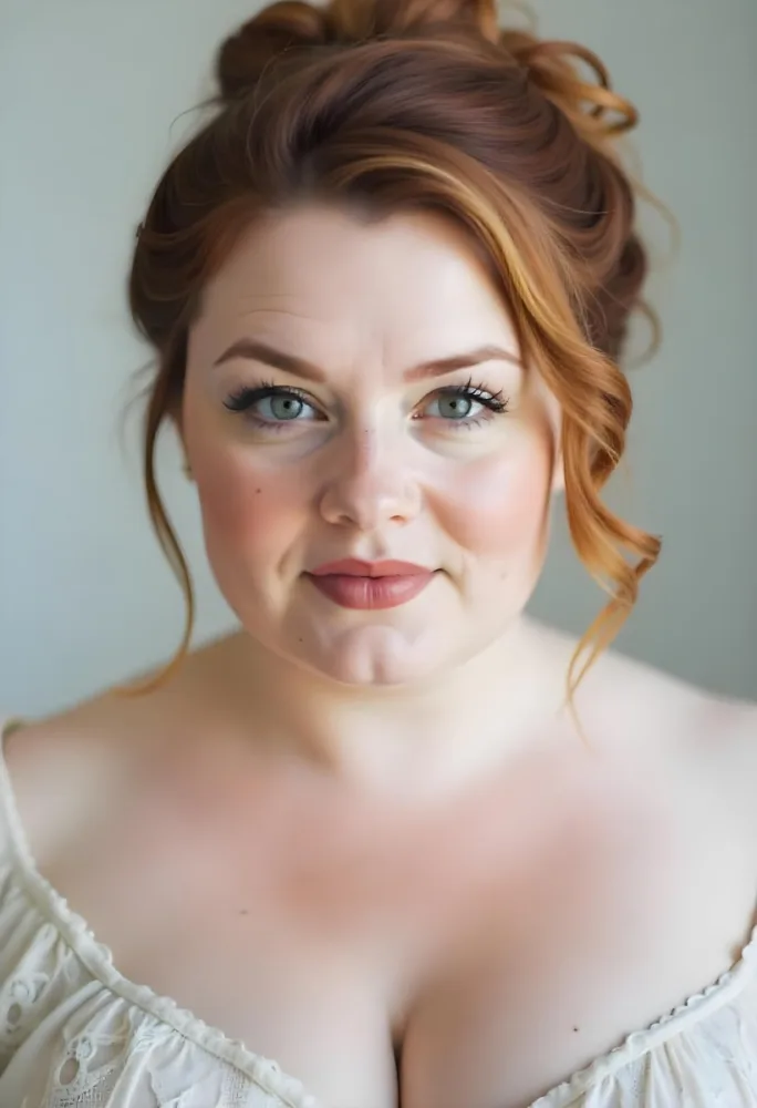 A White Woman 28 Years Old Red Hair Freckles Light Skin Looking At The Camera With A White Dress And A Plain White Background 5 C660